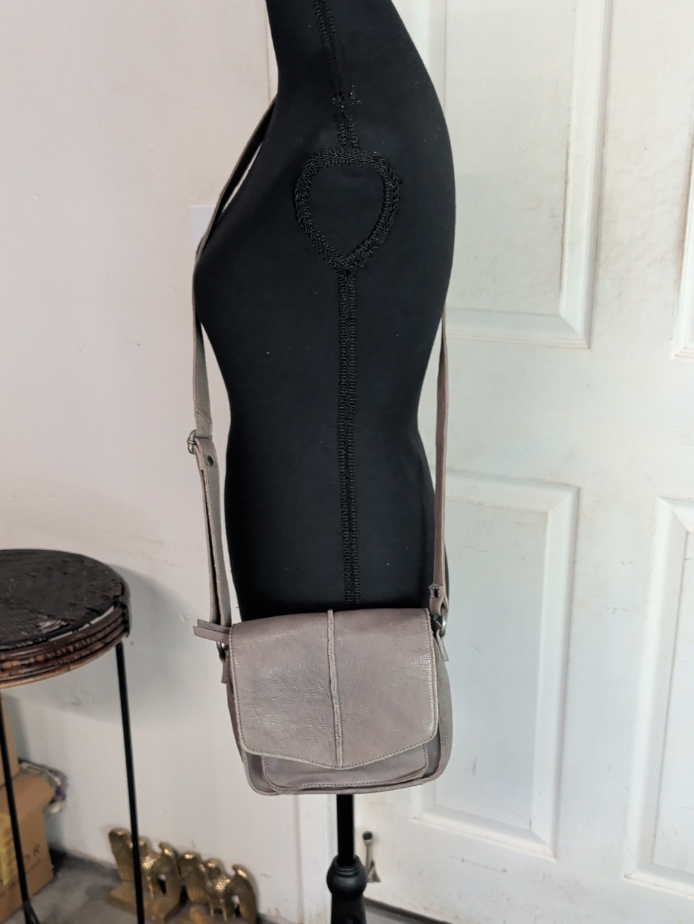 RPS Rock Paper Scissors Gray Leather Crossbody Bag